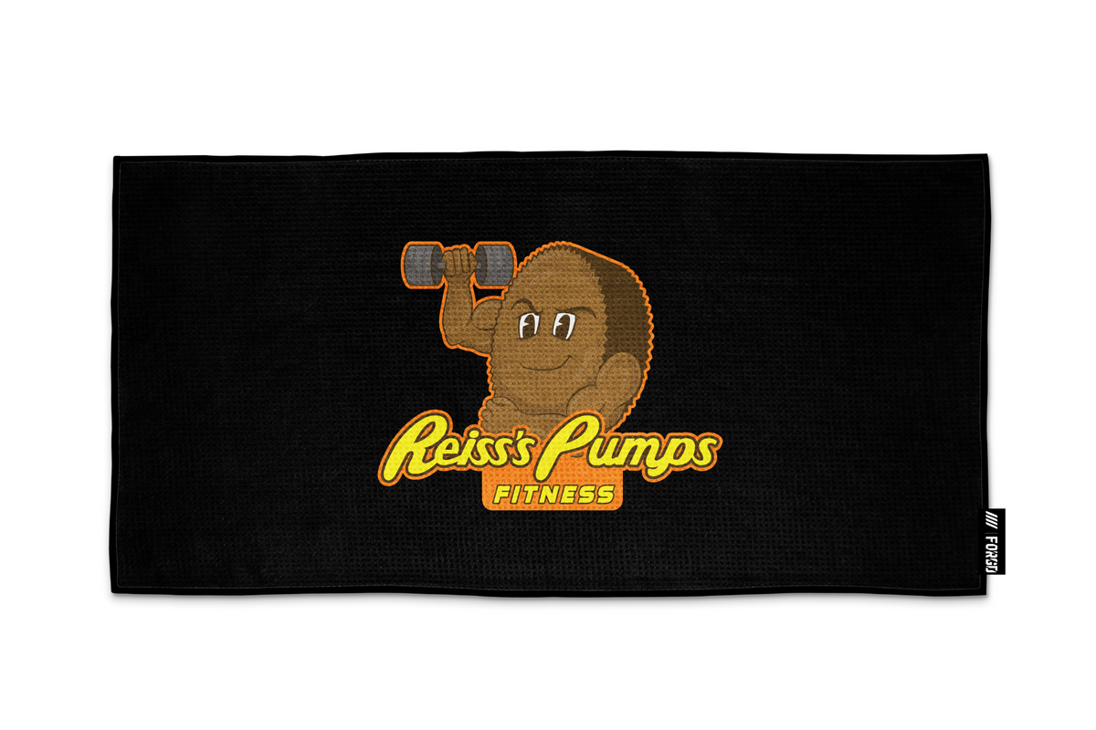 Reiss’s Pumps Fitness design on a black 15 by 30 inch FORGD towel